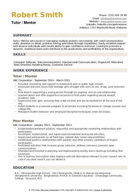 Mentor Resume Samples Qwikresume