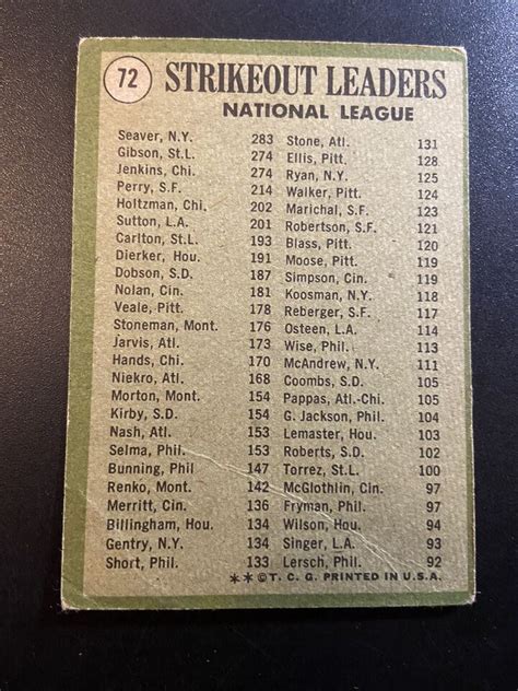 1971 Topps NL Strikeout Leaders 72 Seaver Gibson Jenkins Baseball