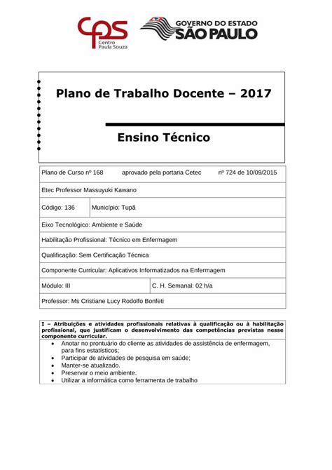 Pdf Plano De Trabalho Docente Ensino T Cnicoetectupa Br