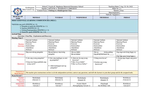 Melc Dll Week 1 Teacher Kindergarten Daily Lesson Log School