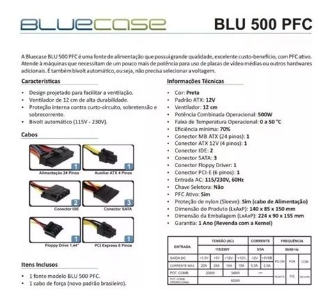 Fonte Atx Bluecase 500w Pfc Ativo Blu500pfc Bivolt Autom Mercado Livre