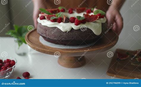 Close Up Of Pastry Chef Woman Hands Decorating Cake Cooks Delicious Pie With Fresh Berries And