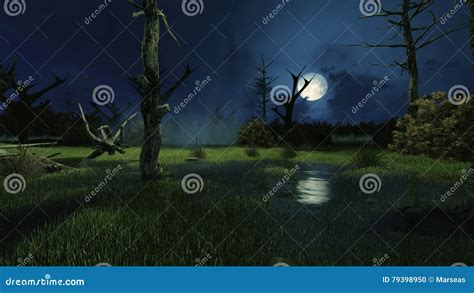 Creepy Swamp at Dark Misty Night Stock Illustration - Illustration of ...