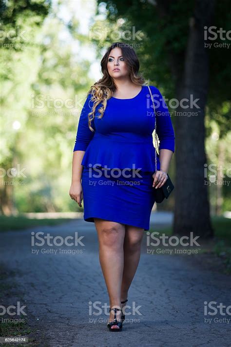 Plus Size Fashion Model In Blue Dress Outdoors Xxl Woman Stock Photo