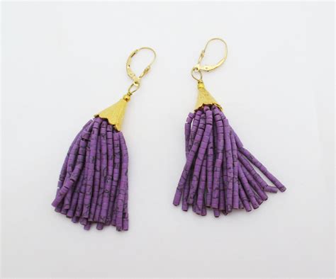 Beaded Purple Tassel Earrings With Gold Cap Etsy Earrings Tassel