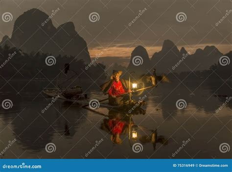 Li River - Xingping, China. January 2016 - an Old Fisherman Fishing ...