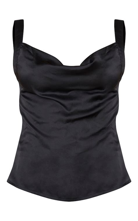 Black Satin Thick Strap Cowl Neck Cami Top Prettylittlething Aus