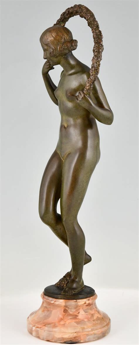 Art Deco Bronze Sculpture Nude With Garland Deconamic