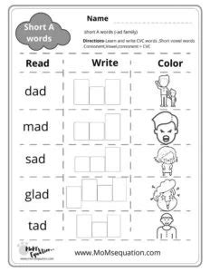 Short A Worksheets (CVC words)-Free Booklet For K,1,2 grades. - Mom'sEquation