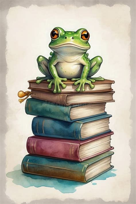 Illustration of a Cute Frog Sitting on a Pile of Books Stock Illustration - Illustration of ...