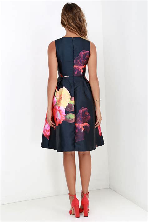 Beautiful Navy Dress Floral Print Dress Sleeveless Dress Midi Dress 6800