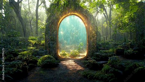 Magical Portal With Arch Made With Tree Branches In Forest Stock