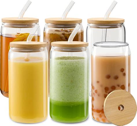 6 Pcs Drinking Glasses With Bamboo Lids And Glass Straw 16oz Can Shaped Glass Cups Beer