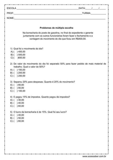 Atividade De Matem Tica Problemas De Porcentagem Ou Ano