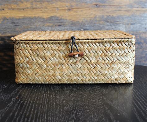 Straw Woven Basket With Lid Square Storage Box Utility Etsy