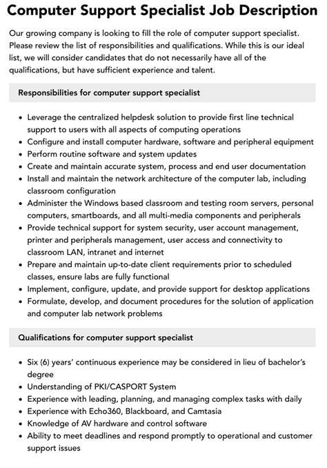 Computer Support Specialist Job Description Velvet Jobs