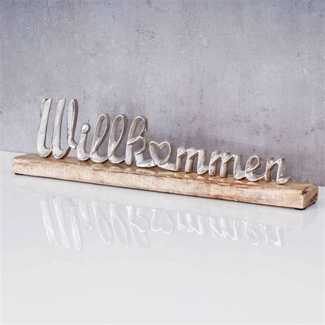 Schriftzug Willkommen L45cm Metall Silber Mango Holz Tischdeko Deko