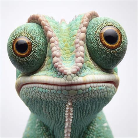 Closeup Funny Portrait of Surprised Chameleon with Huge Eyes on Solid White Background, Wide ...