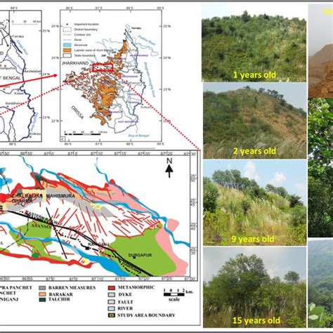 Raniganj coalfield map showing the study area, geological map and ...