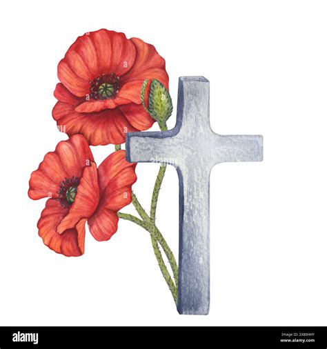 Red Poppy Flowers And Stone Cross Symbol Of War Memorial Day In The