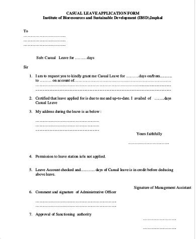 FREE 11 Casual Leave Application Samples Templates In Word PDF