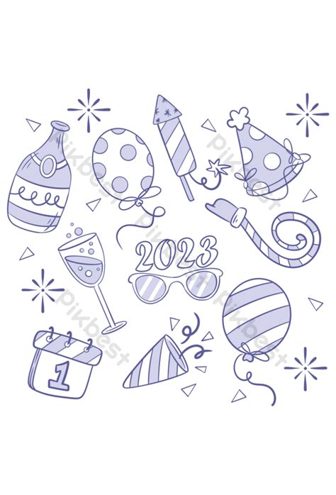 Lovely Set Of New Year Party Elements Drawing Coloring PNG Images | AI ...