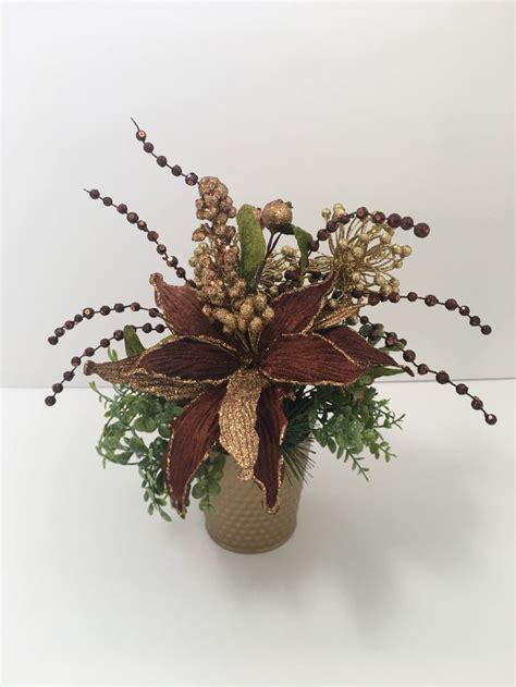 Christmas Poinsettia Arrangement Gold Brown Velvet Poinsettia Etsy