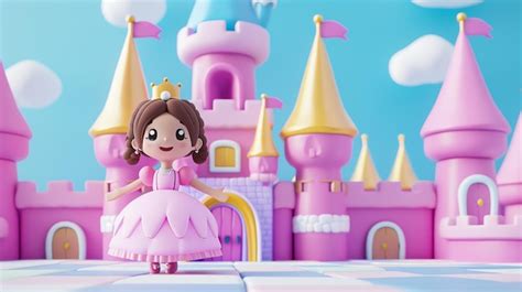 Cute Cartoon Princess In Pink Dress Standing In Front Of Pink Castle