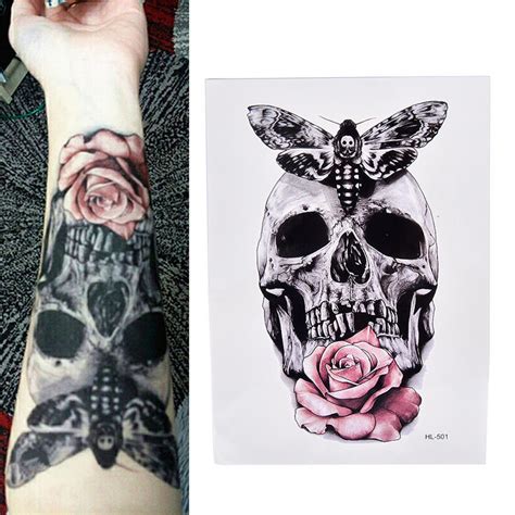 Kaufe Totenkopf Mit Motte Und Blume Cool Tattoo Wasserdicht Tempor Re