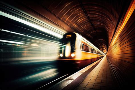 Subway Train Speeding Through Underground Tunnel With Lights And