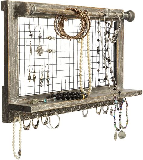 Rustic Jewelry Organizer With Bracelet Rod Wall Mounted L Wooden Wall Mount Holder For Earrings