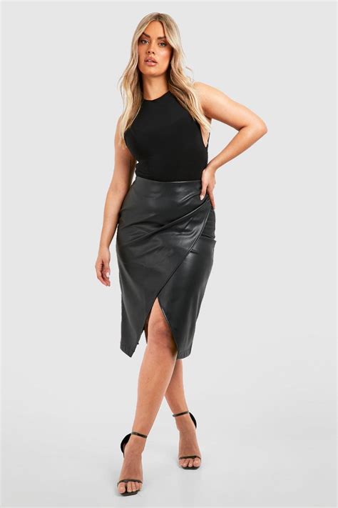 Plus Faux Leather Ruched Wrap Midi Skirt Boohoo Usa