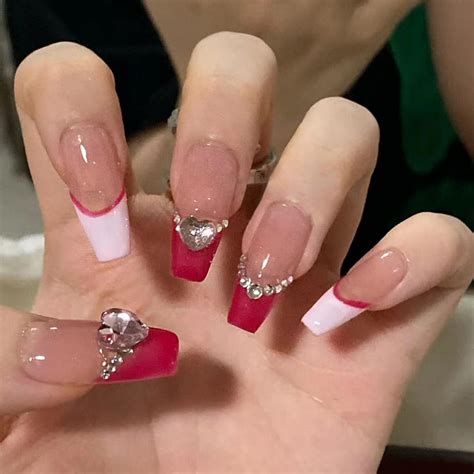 JUSTOTRY 24 Pcs Hot Pink Diamante French Press On Fake Nails