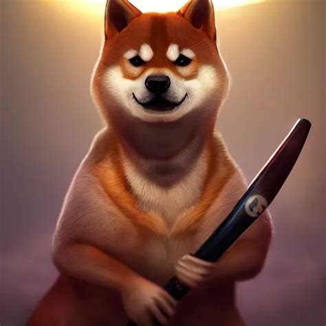 Muscular Shiba Inu Holding A Baseball Bat Wearing A Stable Diffusion