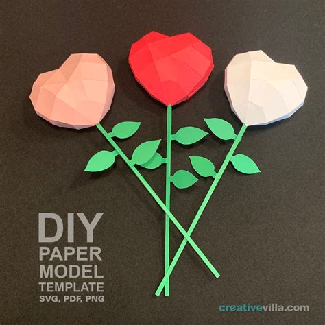 Simple Heart DIY Low Poly Paper Model Template with optional Stem and ...