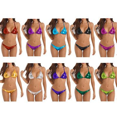 US Women Shiny Metallic Bikini Set 2Piece Swimsuit Bra Top W Thong