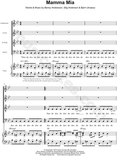 Abba Mamma Mia Satb Choir Piano Choral Sheet Music In Bb Major