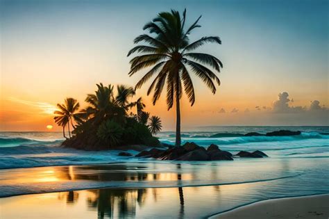 Una Playa Al Atardecer Con Palmeras Y Una Puesta De Sol Foto Premium