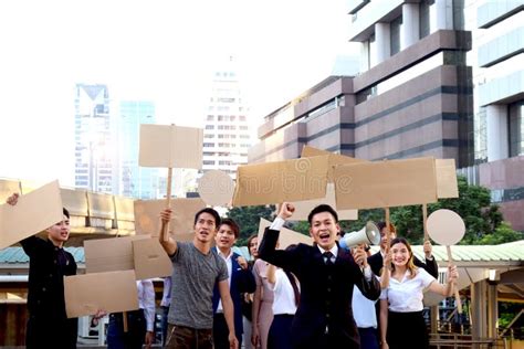 Crowds Of Discontented People Holding Blank Banners Placards Protesting