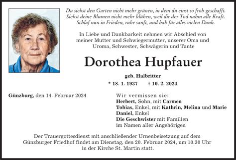 Traueranzeigen Von Dorothea Hupfauer Augsburger Allgemeine Zeitung