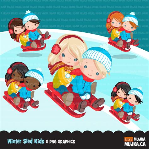 Winter sledding Kids Clipart Bundle, cute outdoors graphics tobogganin ...