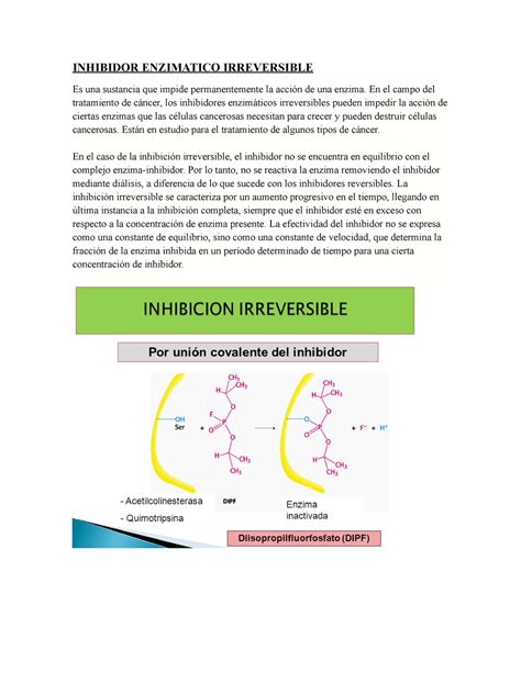 Inhibidor Enzimático Irreversible Y Reversiblemente Enzimas