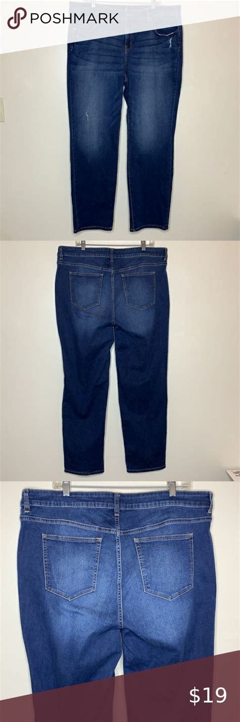 Dressbarn Jeans Blue Distressed Whiskered 5 Pocket Slightly Tapered Leg