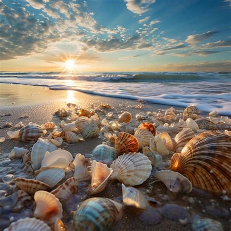 Premium AI Image | illustration of Glassy beach horizon sea shells