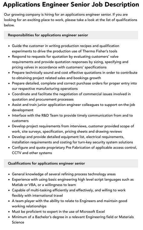 Applications Engineer Senior Job Description Velvet Jobs