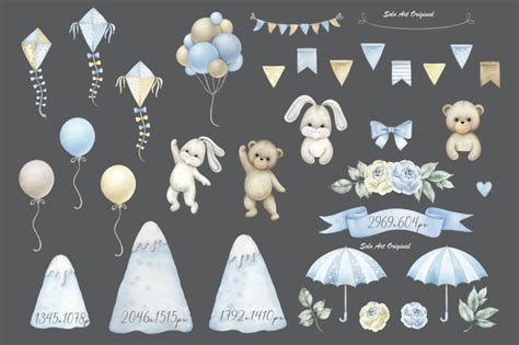 Teddy Bear Hot Air Balloons Baby Boy Shower Clipart By Solo Art Original TheHungryJPEG