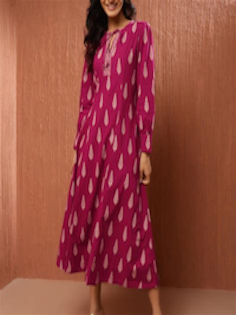 Buy Fabindia Ethnic Motifs Print Tie Up Neck A Line Midi Dress