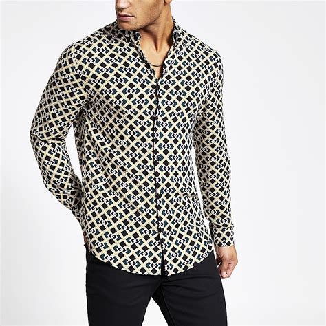 Black Geo Print Long Sleeve Slim Fit Shirt River Island