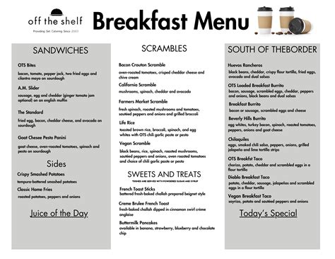 Film, TV and Commercial Production Catering Breakfast Menu - Off The