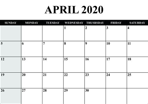 Free Blank April 2020 Calendar Printable in PDF, Word, Excel